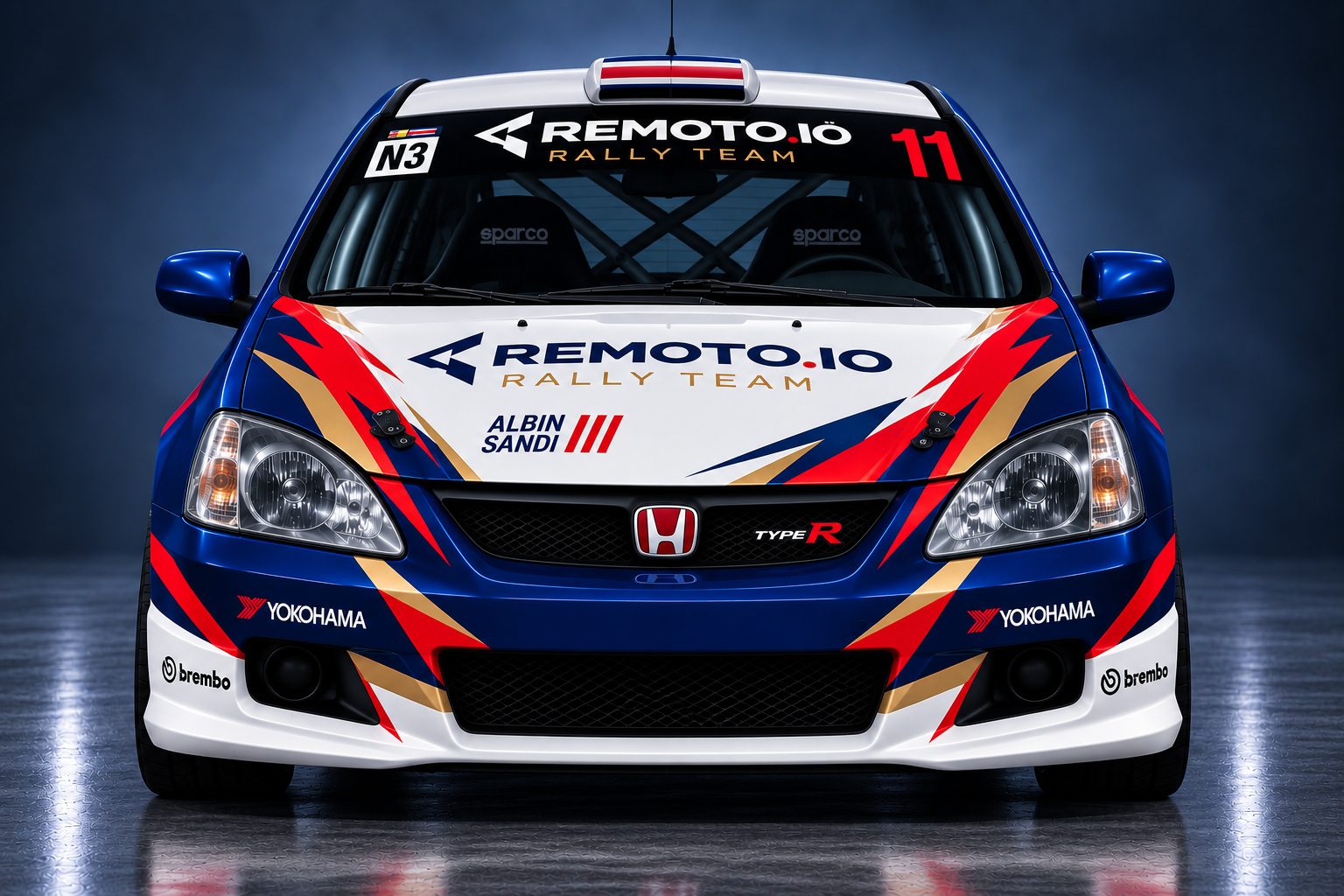 Honda Civic Type R de Albin Sandí, livery REMOTO.IO Rally Team número 11, vista frontal